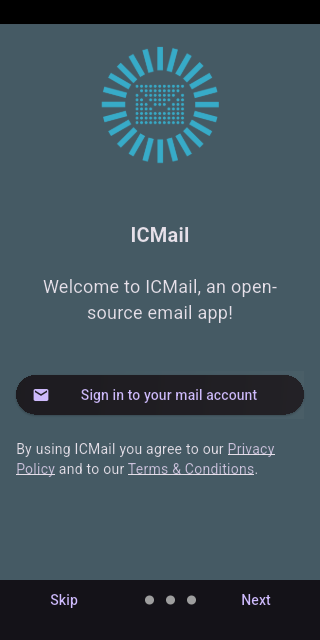 ICMail welcome screen